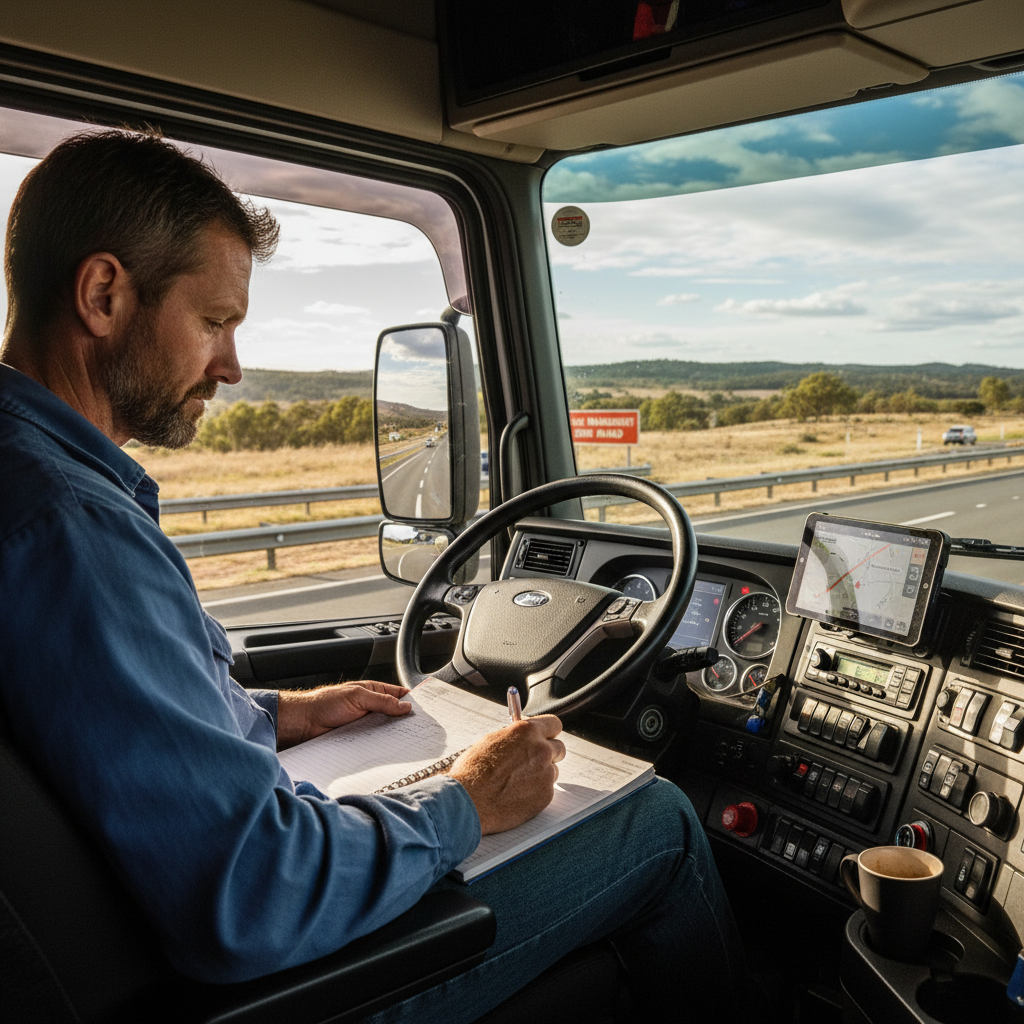 Heavy vehicle driver reviewing work diary logbook in truck cab — BFM fatigue management NSW