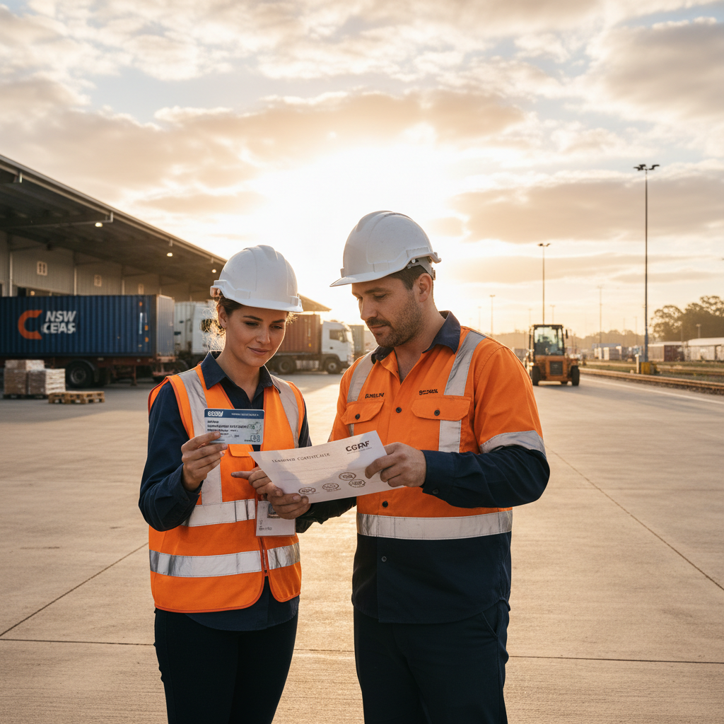 Transport workers comparing dangerous goods licence and awareness training certificate at a freight depot NSW
