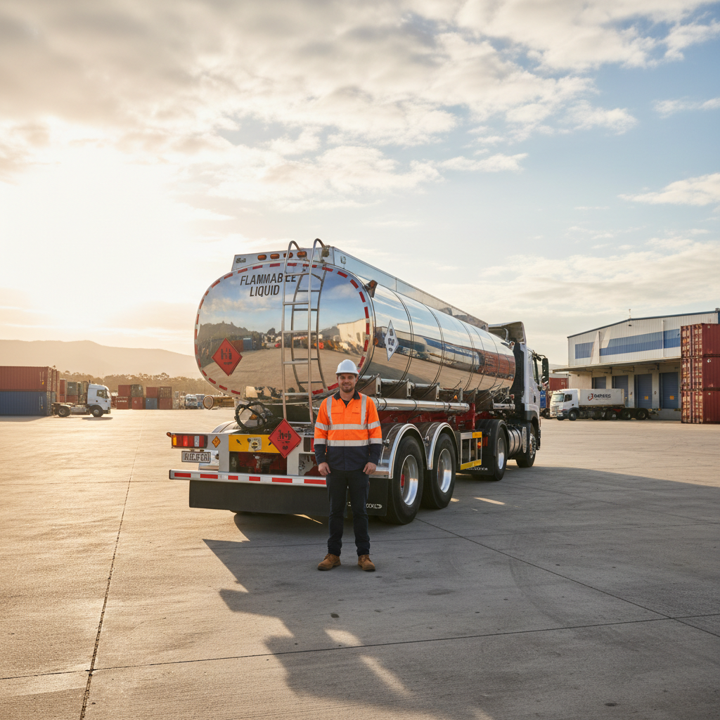 Truck driver with high-vis vest standing beside a fuel tanker at a NSW freight depot