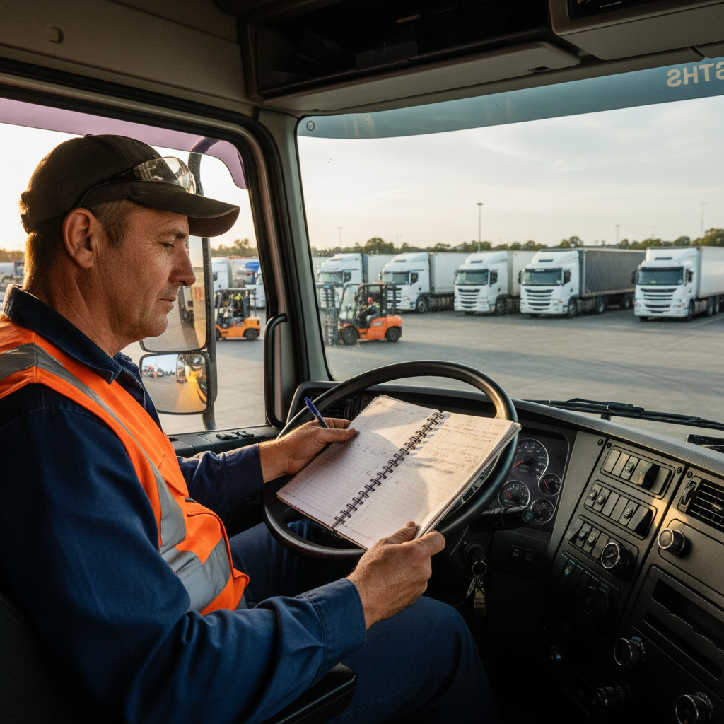 Basic fatigue management course NSW — truck driver reviewing work diary at Wetherill Park transport depot