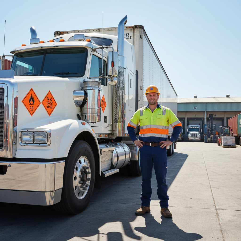 Dangerous goods driver licence vs DG awareness training NSW — truck driver with placarded heavy vehicle at Sydney freight depot