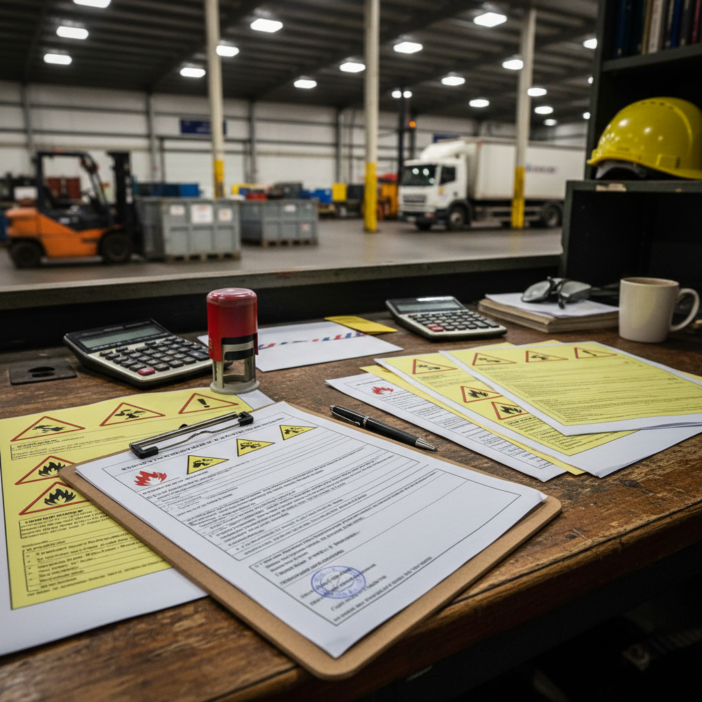 Dangerous goods licence NSW renewal documents — compliance paperwork at transport company office