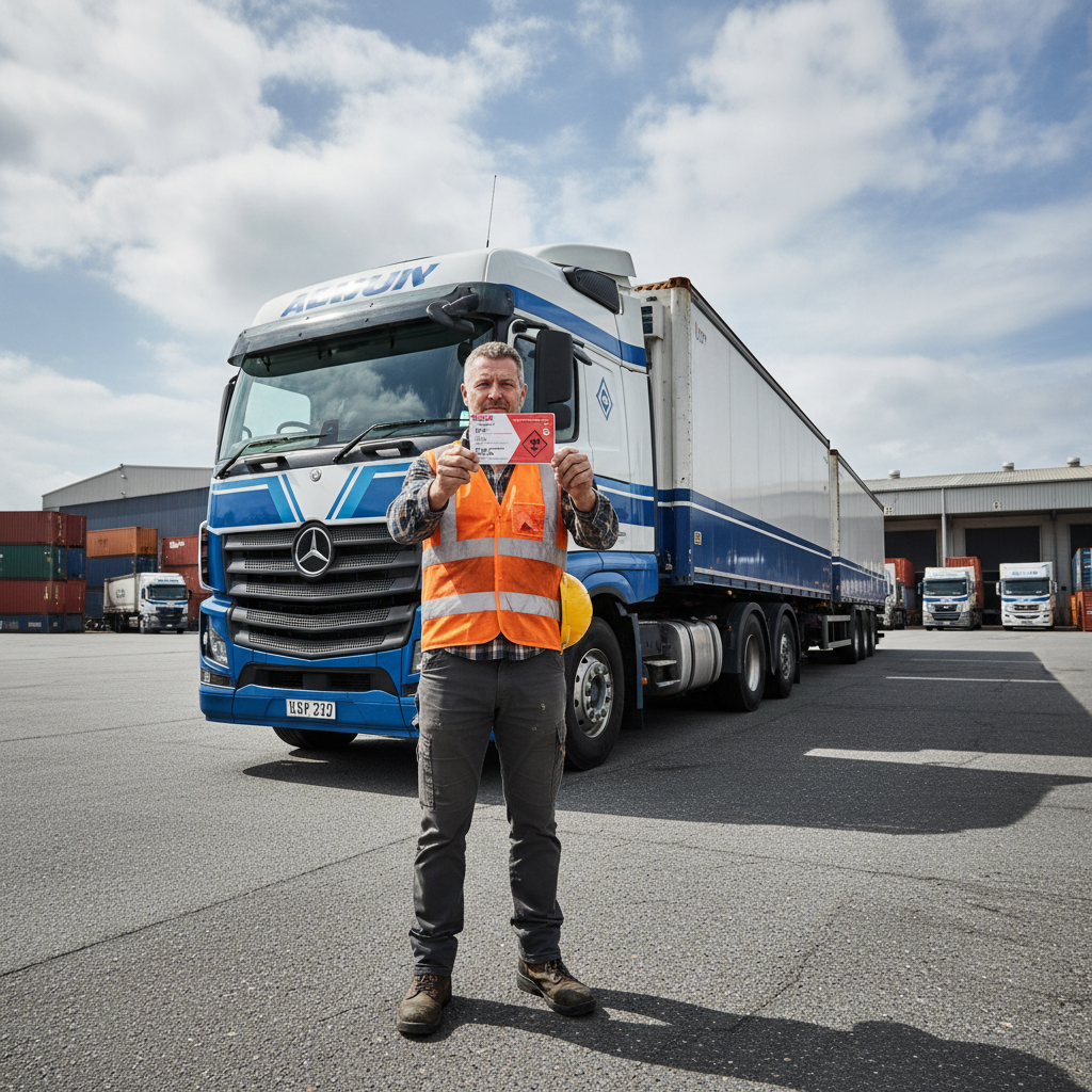 How long is a dangerous goods licence valid in NSW — truck driver with DG licence card at Sydney freight depot